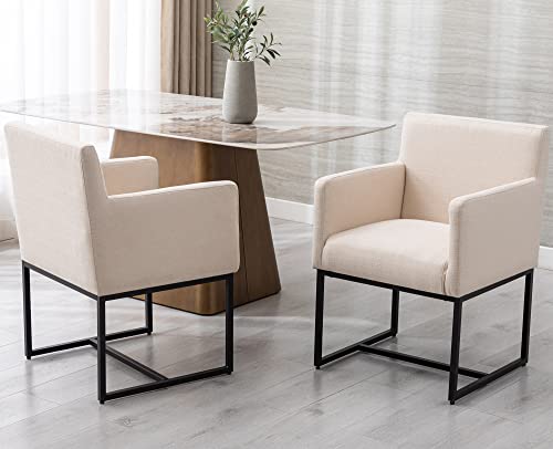 Vescasa Linen Upholstered Dining Chairs With Arms Set Of 2, Mid Century Modern Padded Kitchen Chairs With Black Metal Frame For Restaurant, Dining Room, Cream #TOP2