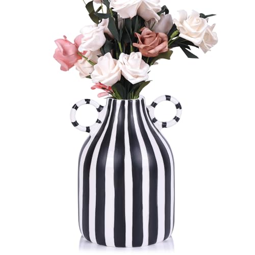 oliruim Jarrón de cerámica a rayas blancas y negras, pintado a mano, moderno, minimalista, para decoración del hogar, para centros de mesa, oficina, estantería, decoración de dormitorio (B)