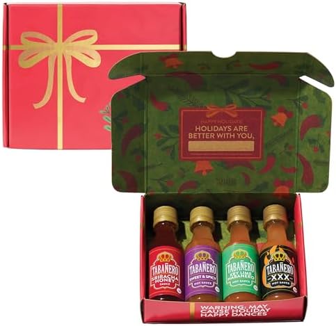 Mini Hot Sauce Gift Set by Tabañero, Holiday Gift Box with Sriracha Honey, Sweet and Spicy, Key Lime and XXX Flavors, 4-Pack, 1.7oz Hot Sauce Bottles, All Natural, Gluten Free, Low Sodium, Kosher, Made in the USA