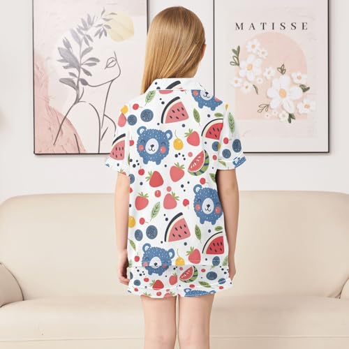 ALAZA Bear Strawberry Leaf Fruit Satin Pajamas Set Short Sleeve Button Down Sleepwear Summer Pjs 2 Piece4