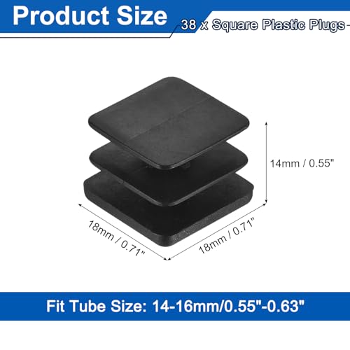 Image of uxcell 38Pcs Square Plastic Plugs, 18 x 18mm /0.71 x 0.71inch PE Pipe Tubing End Caps for 14-16mm /0.55-0.63inch Square Tube Furniture Chair Leg, Black