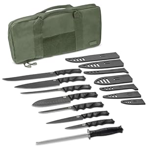 Premium Rugged Kitchen and Camping Knives Travel Set, Stonewashed High Carbon Stainless Steel, G10 Handles, Black, Cutlery (16 Piece Basecamp Set, Green Case)