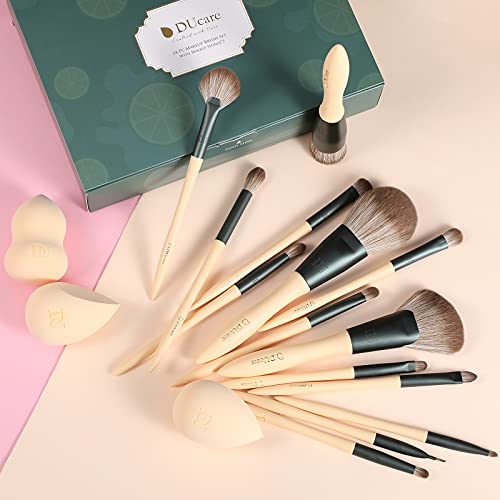 DUcare Juego de 14 brochas de maquillaje con 3 esponjas de maquillaje – Lime Series Professional Makeup Brush Kabuki Foundation