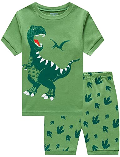 Image of Popshion Little Boys 2 Piece Short Pajamas Train Shark Sleepwear 100% Cotton Toddler Dinosaur Pjs Summer Kids Clothes 2-7T