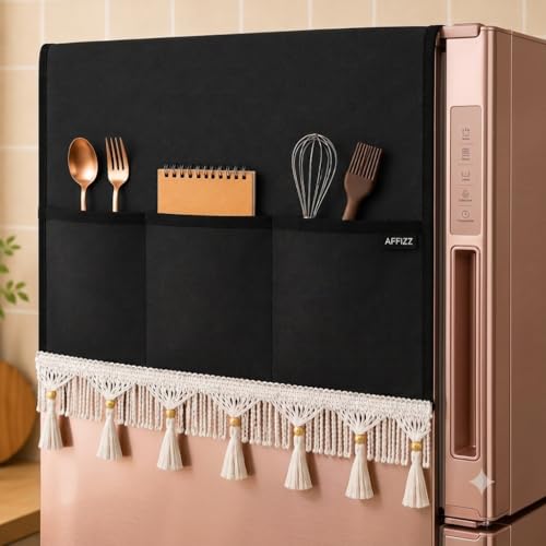Image of Refrigerator Cover with 6 Storage Pockets | Waterproof & Dustproof Protective Fridge Top Cover | Washable Polyester Kitchen Organizer | 130 x 54 cm | Black