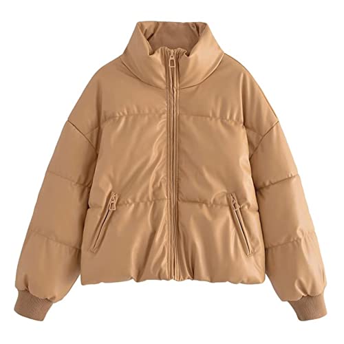 Manteau chaud femme hiver coton veste faux cuir PU manches longues kaki outerwear chic