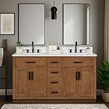 XWNE 60-inch Dark Walnut Bathroom Vanity with 2 Sinks, Solid Wood, 0.79-inch Stone Countertop and Backsplash, 6 Drawers, 4 Soft Closing Doors