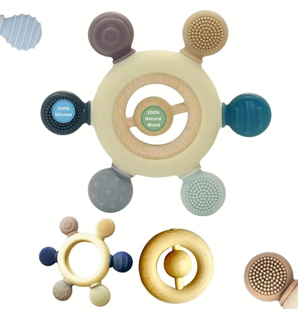 Finalize Silicone & Wooden Baby Teether for 3+ Months | BPA Free Soft Teething Toy | Safe Teether for Infants | Round Shape | Color - Beige-Silicone & Wooden (New Baby Teether)