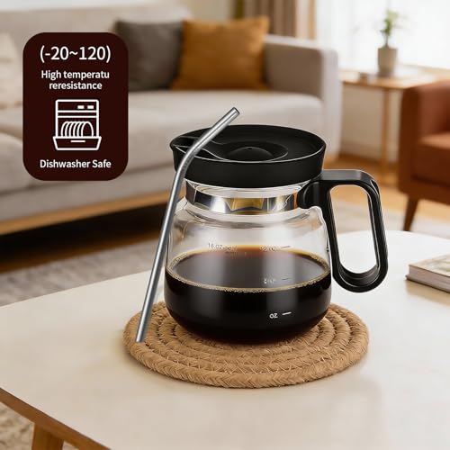 16 oz Glass Coffee Pot Mug, Clear Mini Coffee Pot Cup with Handle, Spill-proof Lid, Straw & Coasters, Heatproof Large Capacity for Hot Cold Drinks, Home Office Desk, Gift for Coffee Lovers - Image 5