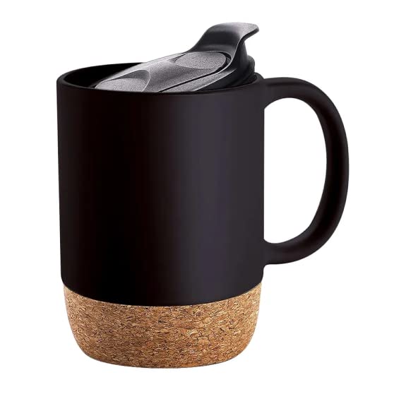 GenericWRKFH Large Ceramic Coffee Cup Mug with lid and Cork Bottom Base Work from Home (Black)