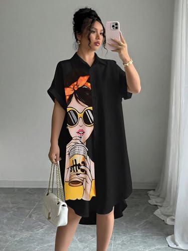 Image of Women's Graphic Print T-Shirt Dress | Stylish Oversized Longline T-Shirt for Women & Girls | Casual Printed Long Top | Trendy Beach & Resort Wear Western One Piece Dress (25 D-1 BLACK-2XL)