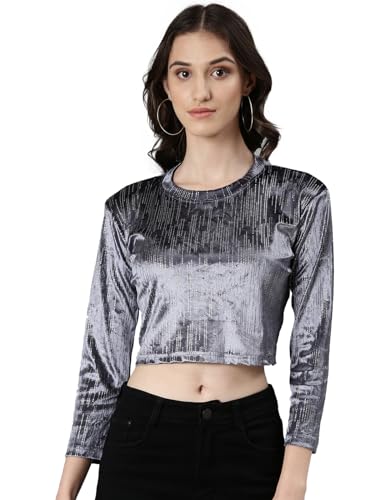 Image of SHOWOFFFF Women Shimmer Casual Top | Round Neck Full Sleeves Nylon Top's for Womens | Regular Fit Crop Tops for Women's