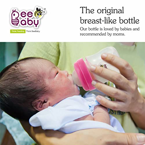 Image of BeeBaby Ease Wide Neck Feeding Bottle 150 ml | BPA Free Easy Latching Baby Milk Bottle for Newborns & Infants | Soft Silicone Anti-Colic Nipple Medium Flow (4 Months +) |Pink, Pack of 2