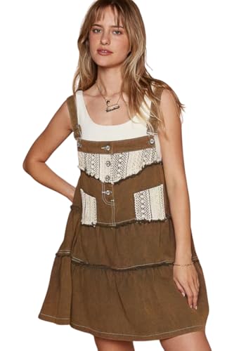 POL Clothing Overall Dress, Brown Cotton Crochet,...