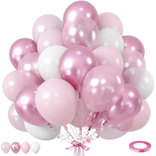 Image of Pink Balloons Set, 12 Inch Metallic Light Baby Pink and White Balloon, Pearlpink Ivory Latex Balloons for Girls Women Birthday Baby Shower Wedding Valentine Bachelorette Easter Christmas Party Decor