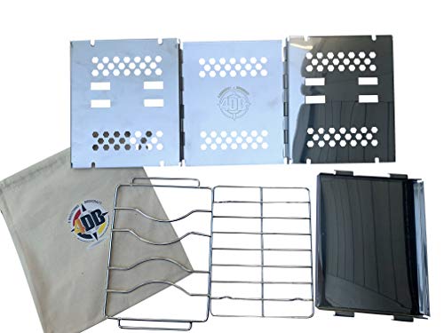 The Burner Pro Backpack Camping Stove Stainless steel wood burning camping stove that Folds flat on strong hinges, has a tray for ash and burnt wood and two cooking racks canvas draw string bag.