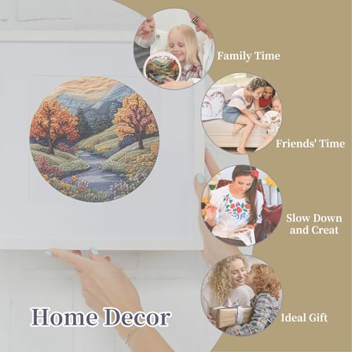 Image of FONNUY Embroidery Kit for Beginners, Boho Nature Landscape Pre-Stamped Pattern Kits for Adults with Hoop, Easy to Follow Color Thread Needlework, 8'' Hoop (Mountain Trail)
