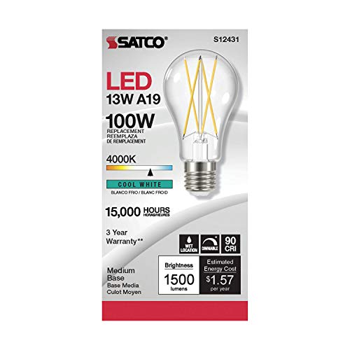 Satco S12431 Dimmable A19 LED Filament Light Bulbs 12.5W 120V Clear Finish E26 Medium Base 4000K Cool White 1500 Lumen 90 CR Wet Location Title 20 (6 LED Light Bulbs) by Satco - Used condition - Image 3