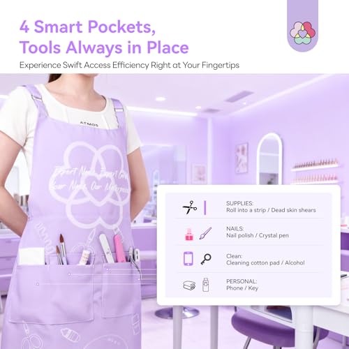 Image of SAVILAND Nail Tech Apron: Waterproof with Multiple Pockets Stain-Resistant Professional Cosmetics Apron Adjustable Salon Aprons for Manicurist Technician Artist 25 * 35cm Size Women Cosmetology Smock