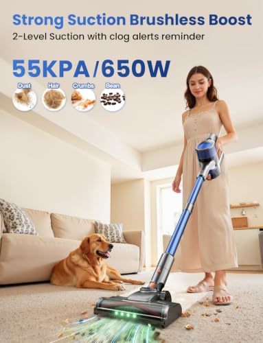 Image of Dzaki Cordless Stick Vacuum Cleaner, 650W 55KPa Brushless Motor, 60-Min Runtime, Detachable Battery, Anti-Tangle, Self-Standing, Vacuum Cleaners for Home, Pet Hair, Carpet & Hardwood Floors