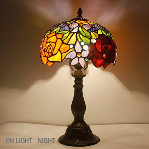 Rose Bedside Lamp, Tiffany Table Lamp with Stained Glass Shade Reading Desk Light 21" Tall Metal Leaf Thin Rustic Industrial Base for Lover Girlfriend Bedroom Living Room