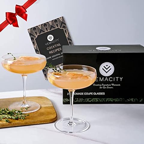 Elegant Coupe Cocktail Glasses-Set of 2 Handmade Crystal Bar Quality Champagne Glasses/Champagne Saucers + Recipe e-Book | Designed as Large Passionfruit Martini Glasses & Espresso Martini Glasses Cover