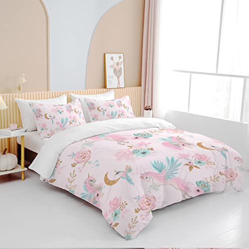 Bedmust Unicorn Duvet Cover Twin - Soft Cute Pink Unicorn Bedding Set With Flowers Leaves And Blue Birds Print Pattern 3 Piece Unicorn Bed Set For Kids Girls Boys (Twin, Gold Moon) #TOP2