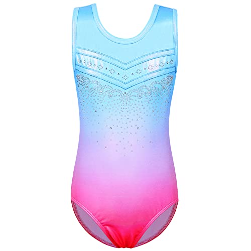 Collants para Meninas Ginástica Gradiente Brilhante Diamante Dança Roupa Uma Peça, Azul, rosa, 7-8 a