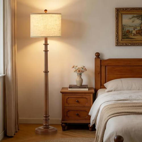 Image of Floor Lamps for Living Room - 60 inch Farmhouse Floor Lamp with Adjustable Color Temperatures - Vintage Standing Lamp Reading Light with Linen Shade Rustic Tall Lamp for Bedroom Office, Dining Room, Wood