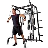 Marcy Deluxe MD-9010G - Máquina Smith Multifunción - Barra Smith con Sistema Poleas (Discos no Incluidos) - Estación Musculación con Banco Multiposición Independiente - Peso Usuario 135kg - Negro