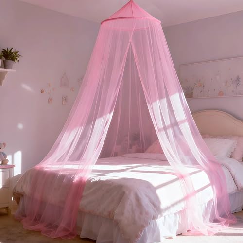 gogofree Pink Bed Canopy for Girls,Kids Princess Round Dome Bed Curtain, Dreamy Mosquito Netting for Girls Room Decor, Bedroom Accessories