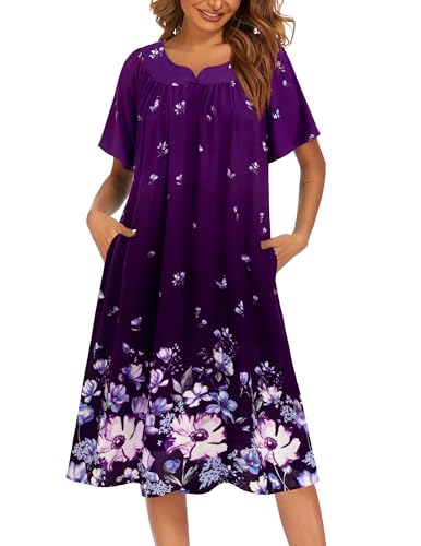 Image of Ekouaer Womens Nightgown Short Sleeve House Dress with Pockets-Floral Print Mumu Dress
