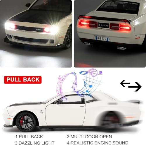 Image of 1 /24 Dodge Challenger Hellcat Model Car, Zinc Alloy Pull Back Toy car with Sound and Light for Kids Boy Girl Gift (White)