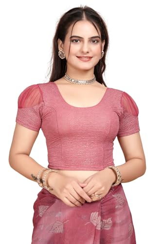Image of SFT Women's Organza Patch Readymade Saree Blouse with Round Neck Half Sleeves Abstract Pattern Pull On Closure Regular Fit and Standard Length