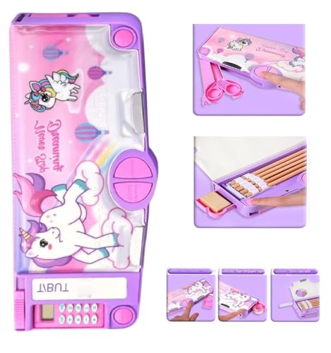 Image of Umadiya Plastic Unicorn Magnetic Multifunctional, Cute Cartoon Compass for Girls, Buttons Operated Geometry Pencil Box Kids Include Calculator-Scissor-Ruler-Eraser-Sharpener, Black