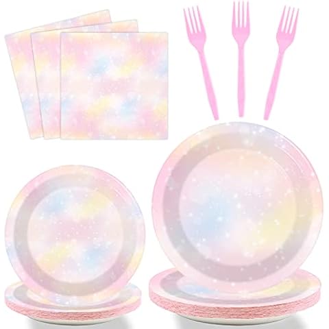 Tevxj 96PCS Pastel Rainbow Tableware Set Rainbow Birthday Dinnerware Disposable Plates Rainbow Cloud Party Plates Napkins Forks for Birthday Baby Shower Weddings Party Decorations Supplies 24 guests Cover