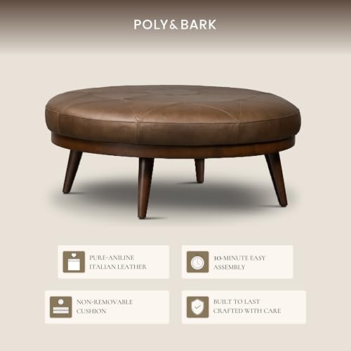 Image of Poly & BARK Gio Ottoman - 30 inch Round with Feather-Down Topper - Full-Grain Leather Upholstery - Couch Ottoman for Living Room - Vintage Italian Leather in Cocoa Brown