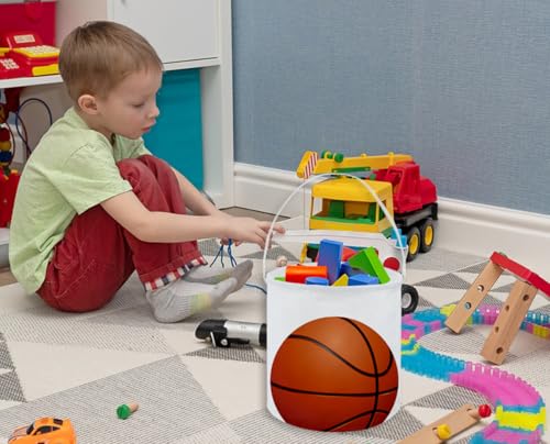 Image of Basketball Basket Kids Storage Basket Baby Gift Basket Rectangular Cute Toy Storage Bin Box Organizer Book Shelf Basket Dinosaur Room Decor(Basketball)