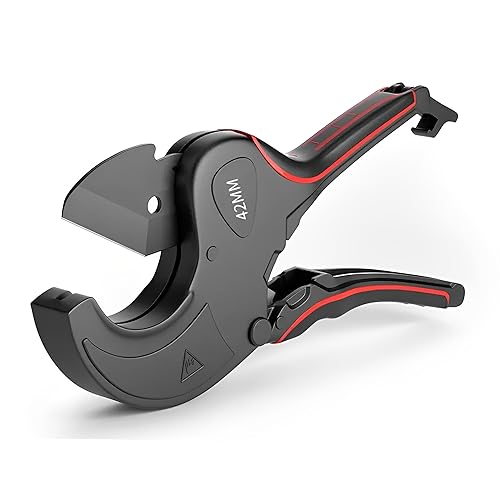 Plastic Pipe Cutter – PEX/PVC/PPR Pipes– Sharp Edge & Fast Cutting Replaceable Blade - Aluminium Alloy Body Premium Ratchet PVC Pipe Cutters - Conduit Cutter for Plumbing & Household (42mm)