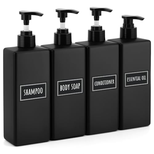Image of Segbeauty Bathroom Soap Dispenser Set, 4 Pack of 16.9oz Shower Bottles Refillable with Labels, 500ml Plastic Square Matte Black Soap Dispenser Empty Pump Bottles for Shampoo Conditioner Body Soap