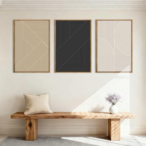 Large Neutral Abstract Wall Art Framed Mid Century Modern Canvas Paintings Artwork Geometric Wall Decor Modern Abstract Artwork Minimalist Art Prints Boho Home Decor for Living Room Bedroom Bathroom Office 36x24 Inch Set of 3 by BINCUE - Image 3