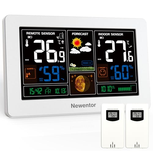 Newentor Estação meteorológica sem fios com 2 sensores exteriores, estação meteorológica sem fios com previsão meteorológica, aviso de temperatura, relógio de rádio DCF, alimentado por