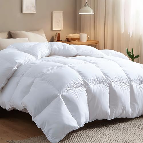 Luxurious Goose Down Feather Comforter Queen Size, Soft Medium Warmth Duvet Insert for Bedroom and Hotel,Baffle Box Design,8 Corner Tabs（White 90"x 90"