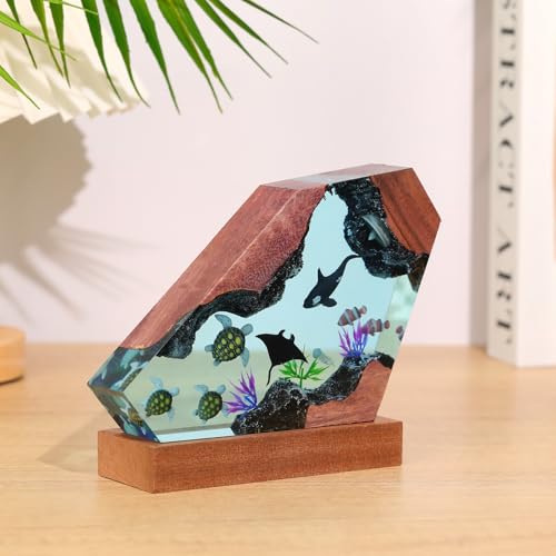 Image of Drawelry Ocean Creative Epoxy Resin Wood Light Lamp, Handmade Multi Color Aquatic Ocean Lamp Deep Sea Cave Diving Enthusiasts Led Night Light Desktop Decor Birthday Gift (Turtle, M)