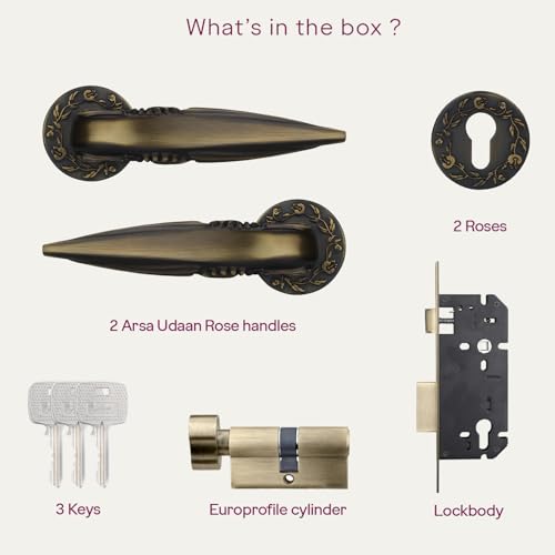 Image of Godrej Mortise Lock | Handle Lock Set for Main & Bedroom Door| Arsa Udaan Rose Handle| 240 mm Eco Lock Body | 60 mm Eco Pin Cylinder 1CK | Antique Brass | 5 Year Warranty