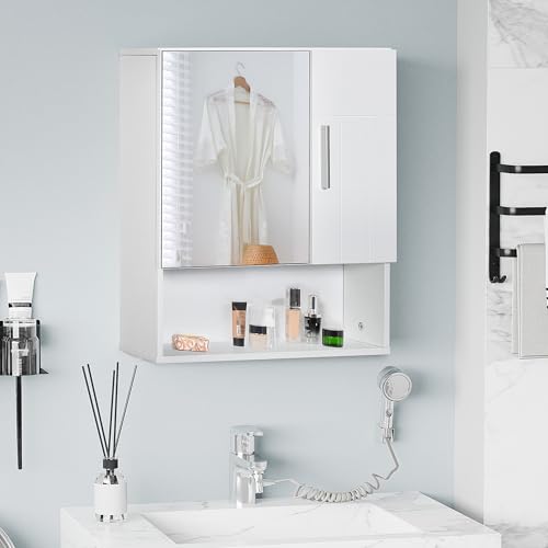 kleankin Armario de Baño con Espejo Mueble Colgante de Aseo con 2 Puertas y 2 Estantes Ajustables Interiores 54x15,2x55,3 cm Blanco