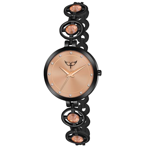 Image of Ladies Fashion Watch with Bracelet and Crystal Bezel, Black Analog Design, Water Resistant