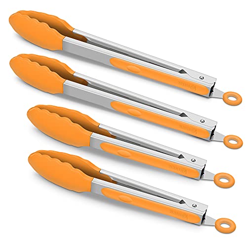 4 Pack Orange Kitchen Tongs, Premium Silicone BPA Free Non-Stick Stainless Steel BBQ Cooking Grilling Locking Food Tongs, 9-Inch & 12-Inch