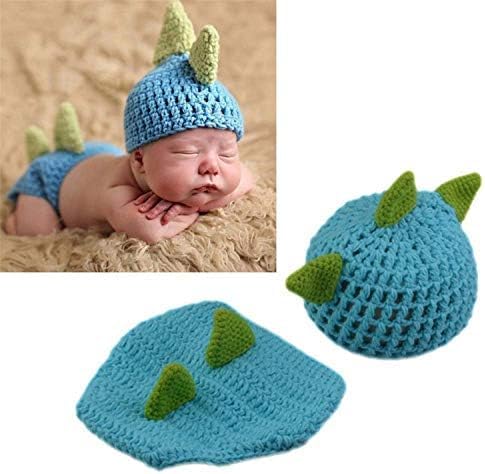 Miniatura 2 de LERORO Conjunto de traje de punto de ganchillo para recién nacido, sombrero de dinosaurio, pantalones y accesorios de fotografía (0-12 meses), Azul,