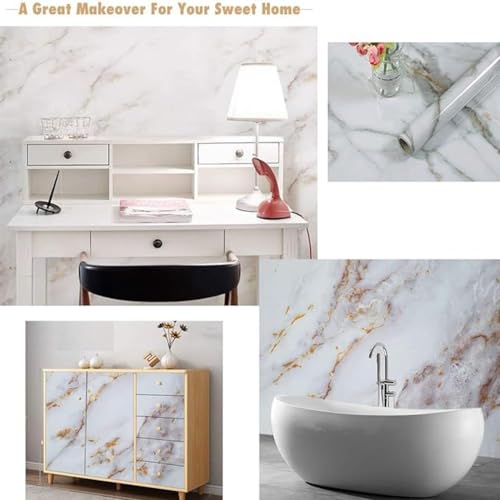 Image of VOLITO Self Adhesive Marble Wallpaper Kitchen Wallpaper Oil Proof & Waterproof Wallpaper for Cabinet Makeover, Almirah, Plastic & Tabletop, Wardrobe (60x200cm) (V-White Gold)